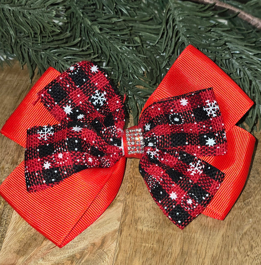Red Plaid Snowflake Bow On Alligator Clip
