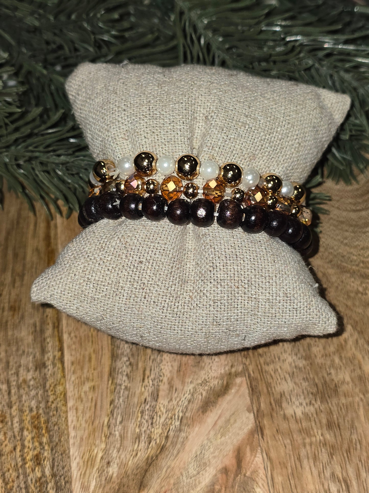 Set of 3 Mix Bracelets(Wooden Bead & faux pearl)
