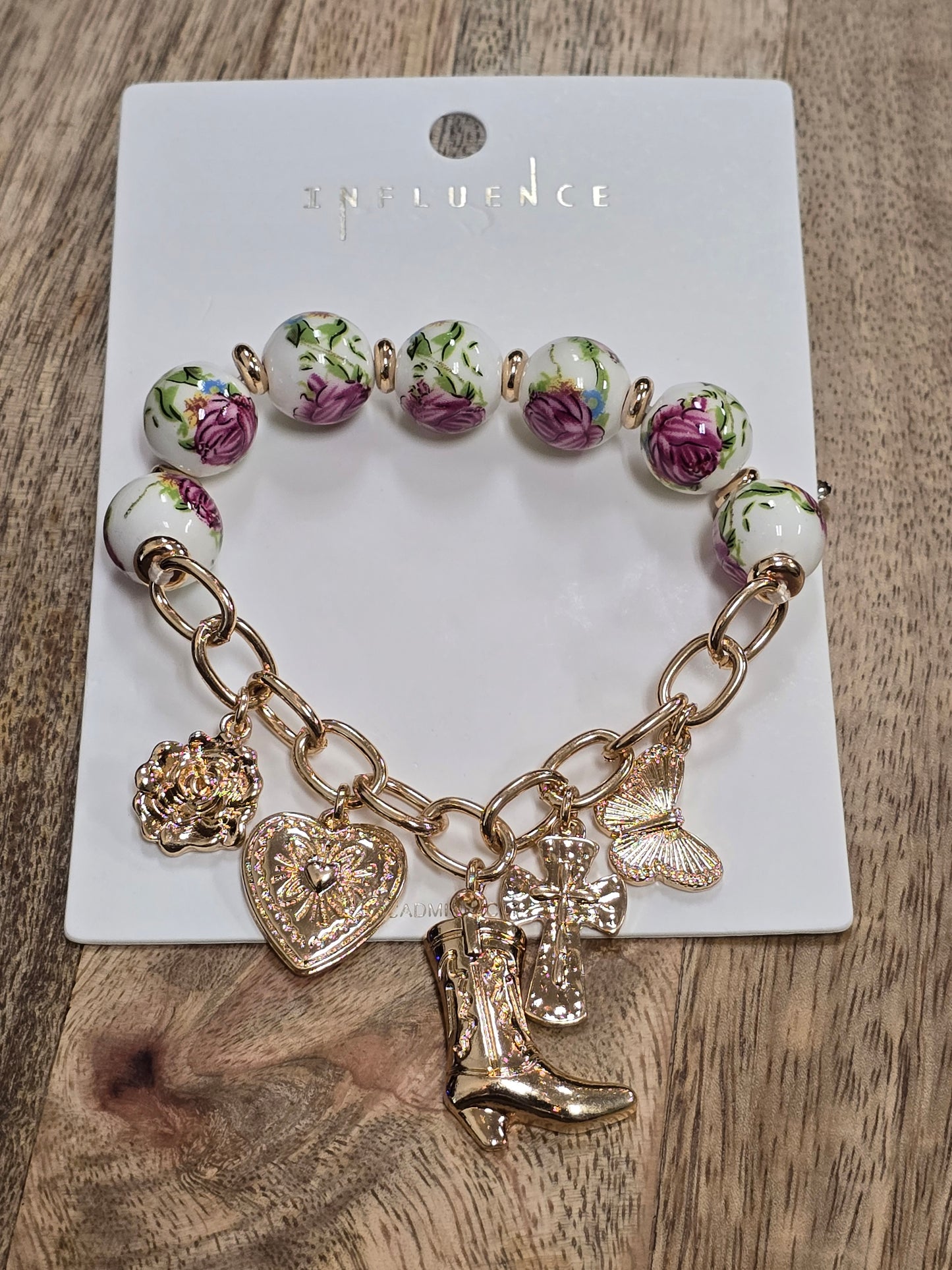 Pink Floral Bead Charm Bracelet