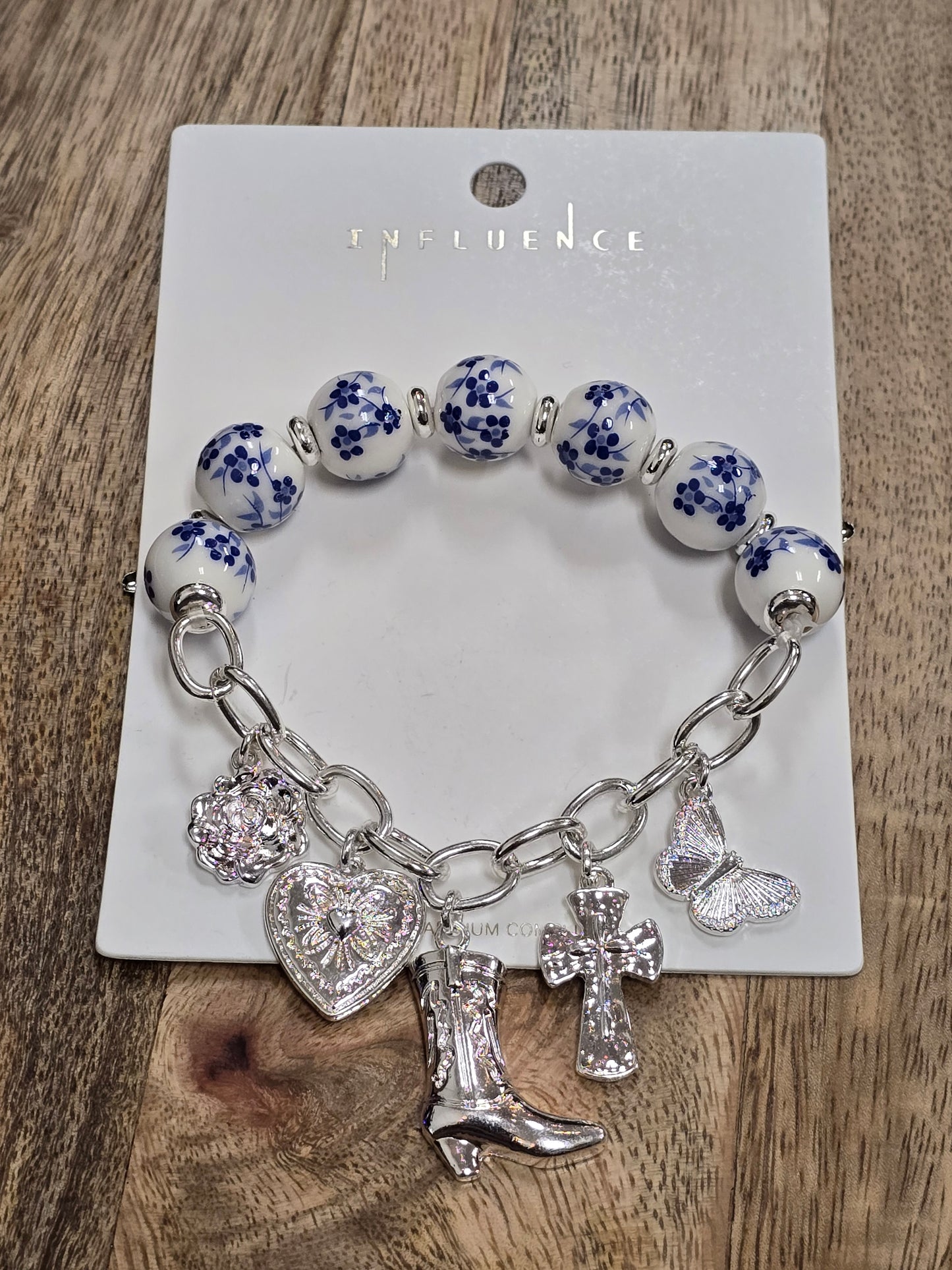 Blue Floral Bead Charm  Bracelet
