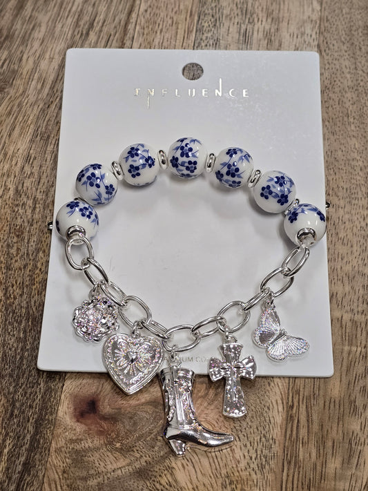 Blue Floral Bead Charm  Bracelet