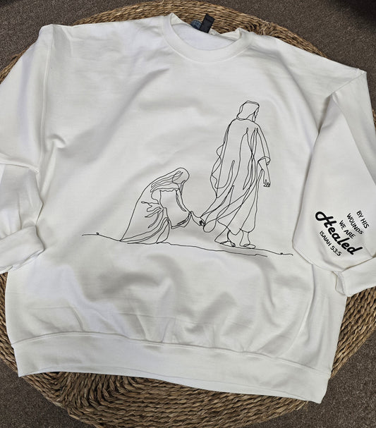 By His Wounds We Are Healed Crewneck Sweatshirt with sleeve design(PREORDER)