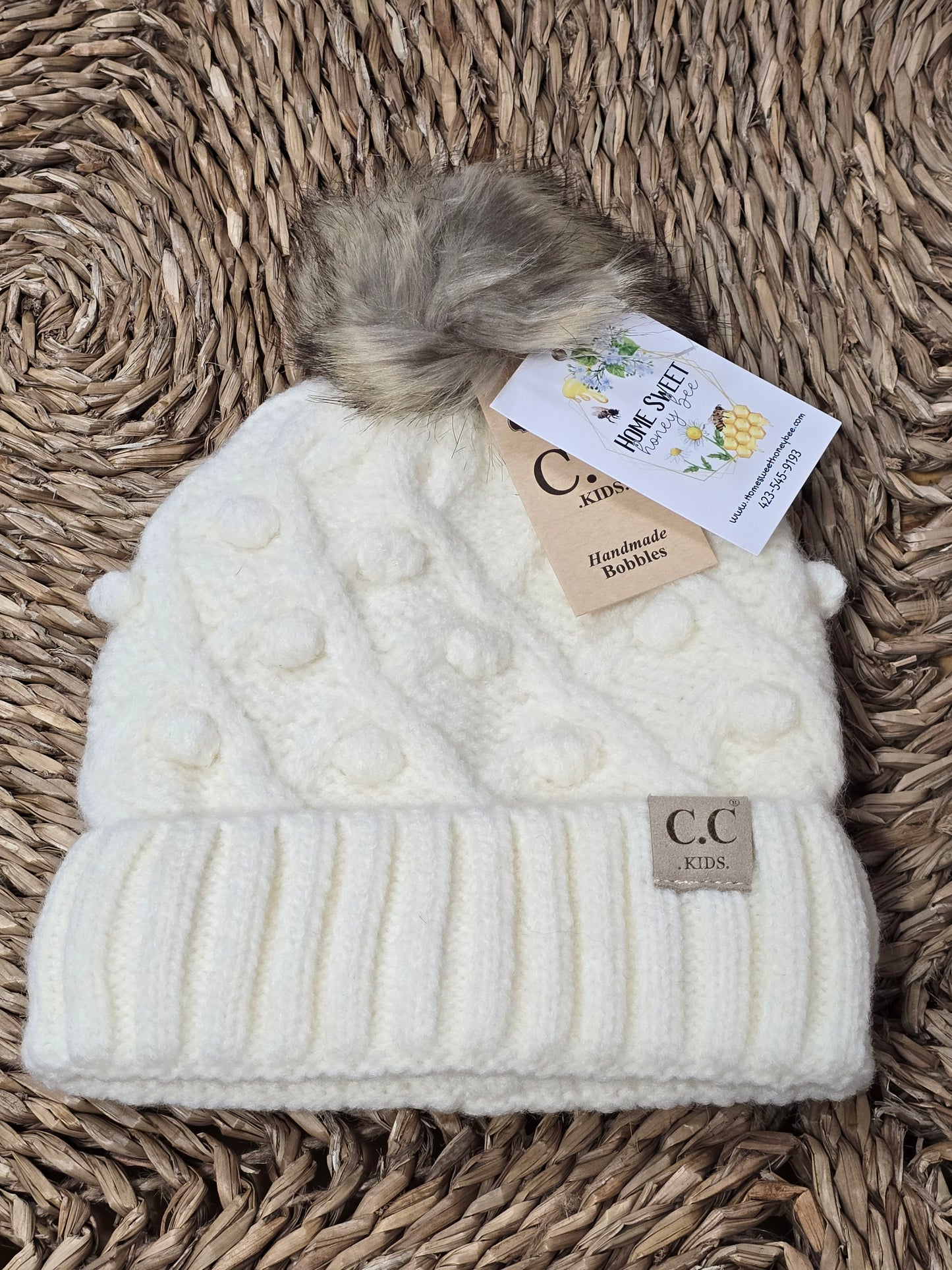 CC.Beanie KIDS Bobble Knit Faux Fur Pom