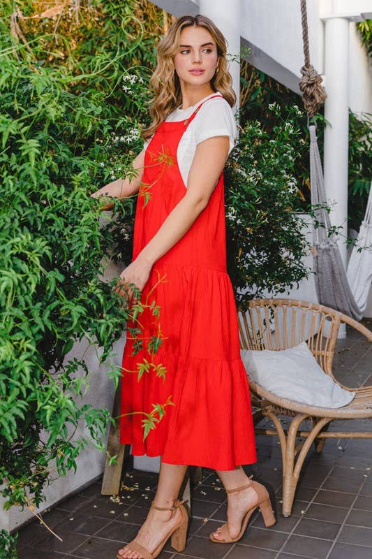 Solid Button Sling Tiered Midi Dress