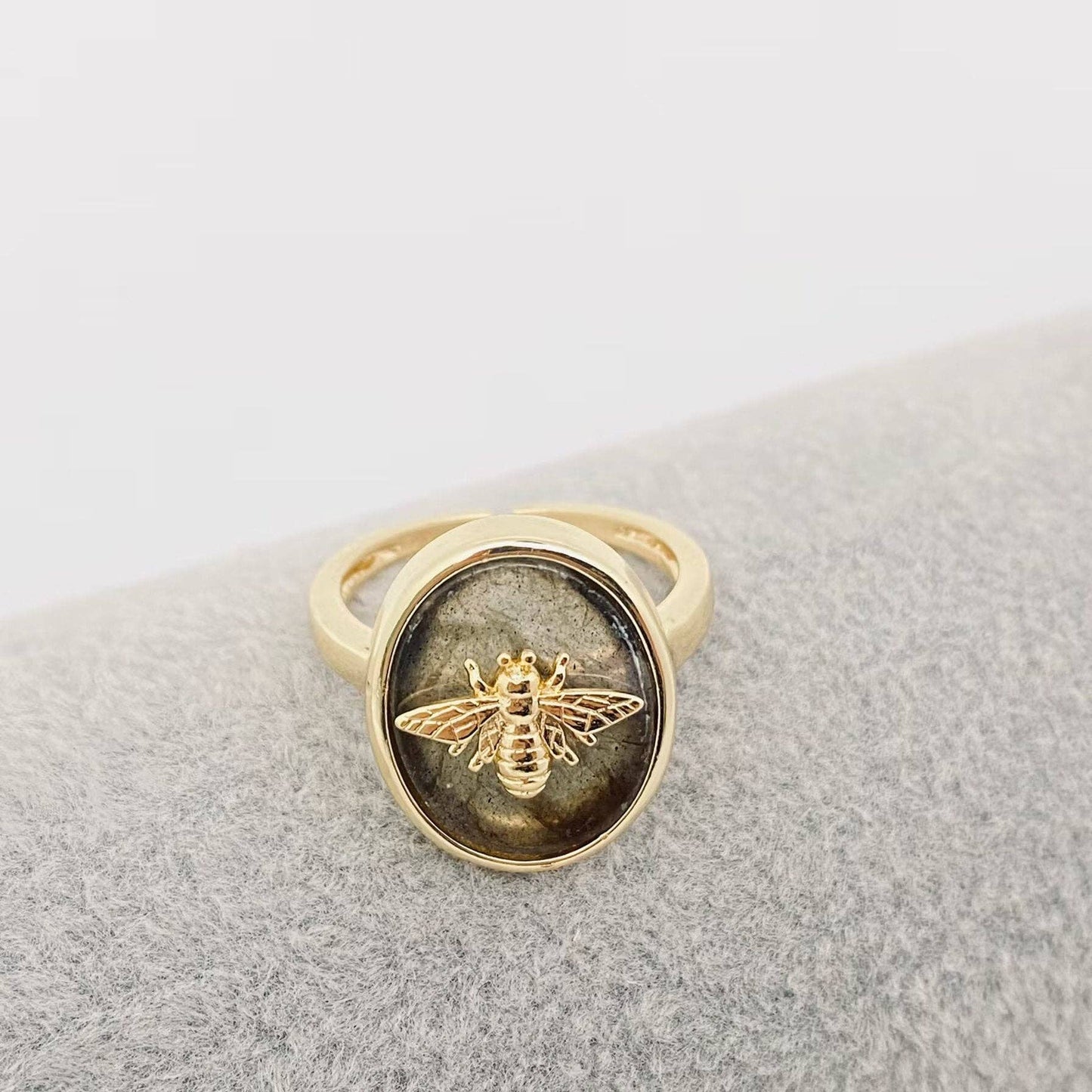 Natural Stone Golden Bee Opening Adjustable Ring