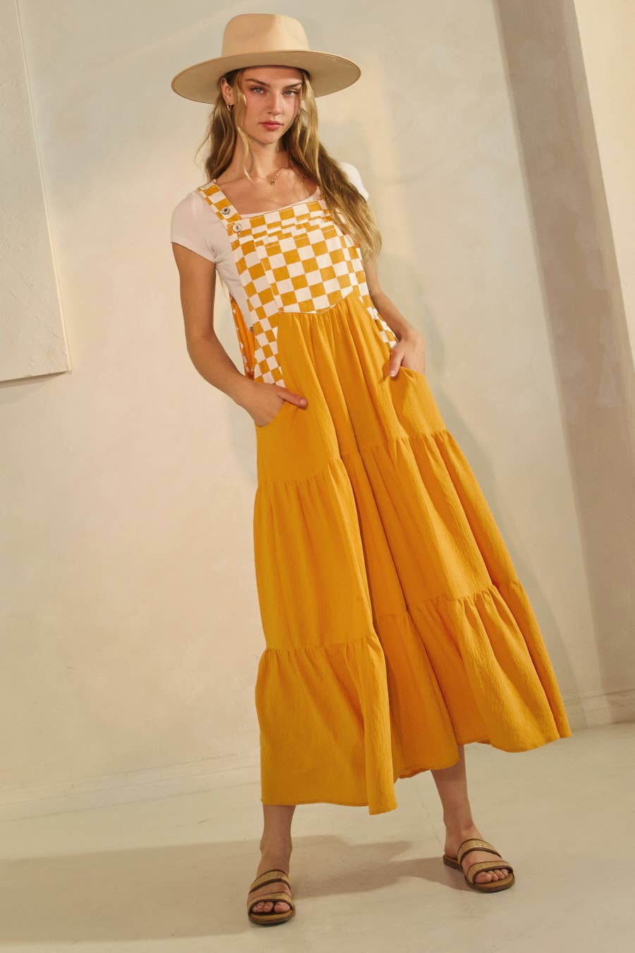 Checkerboard Tiered Overall Dress