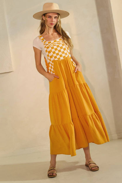 Checkerboard Tiered Overall Dress