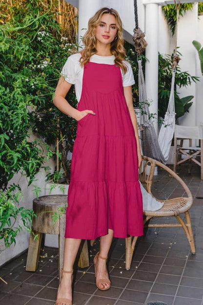 Solid Button Sling Tiered Midi Dress