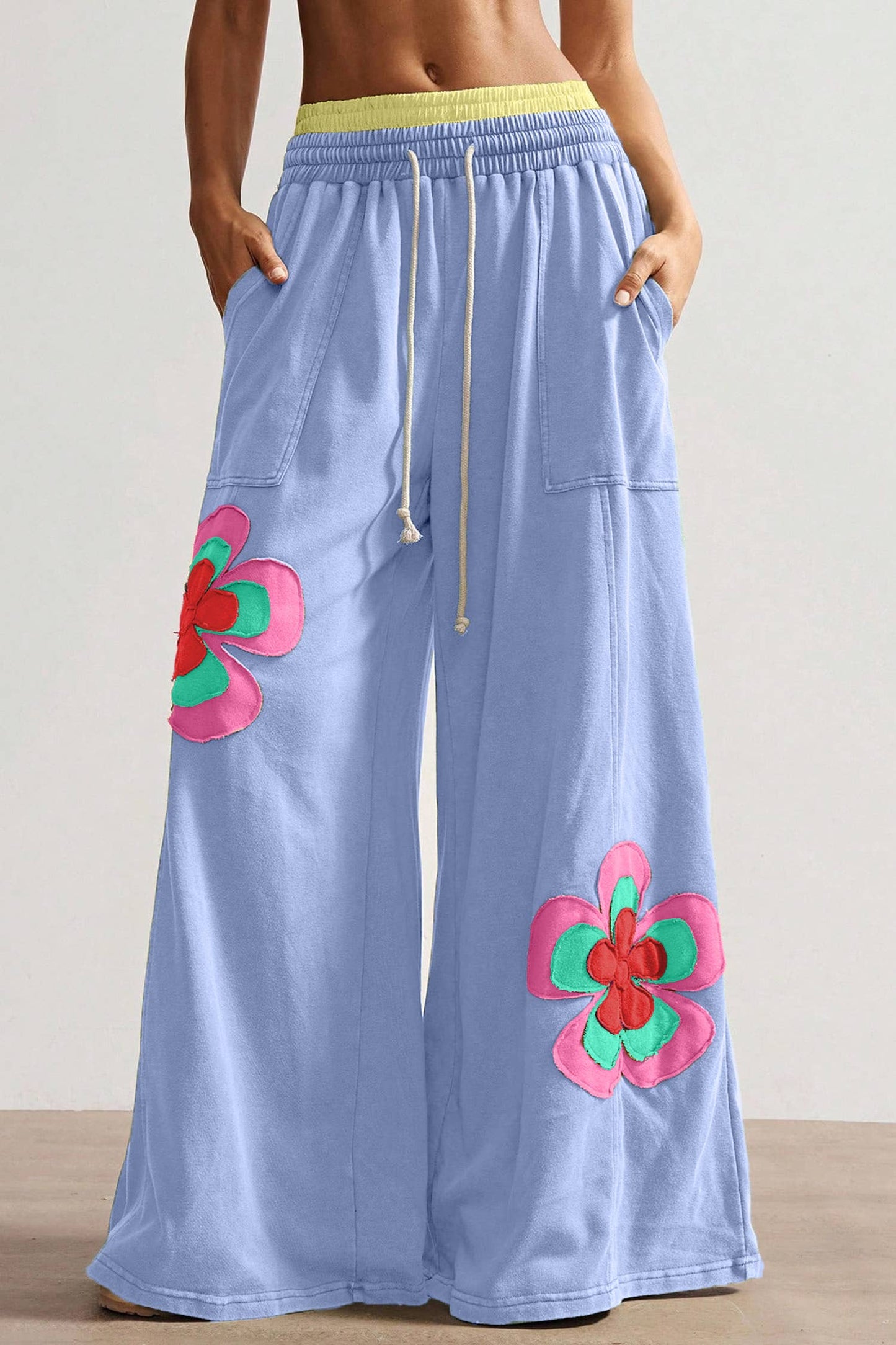 Floral Patchwork Drawstring Elastic Waist Wide Leg Pant