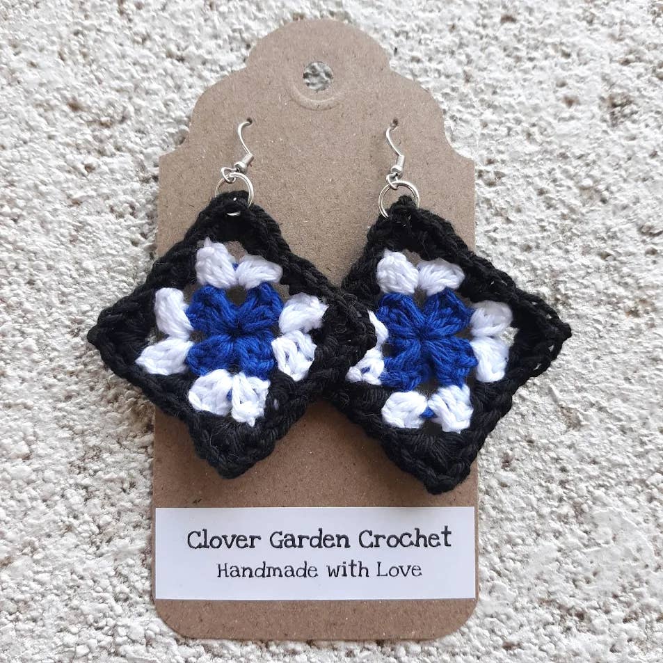 Crochet Cotton Granny Square Drop Earrings Blue Color Themes