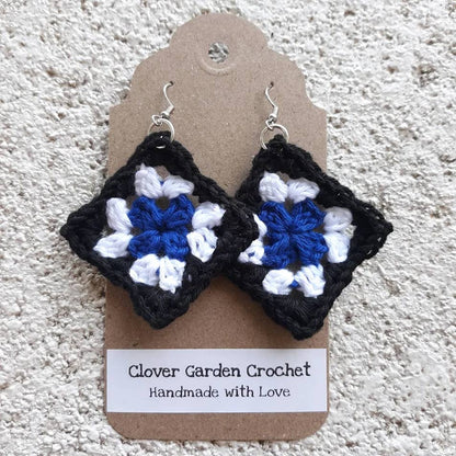 Crochet Cotton Granny Square Drop Earrings Blue Color Themes