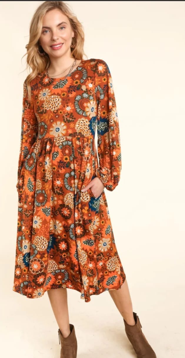 Rust Floral Print Fit & Flare Dress