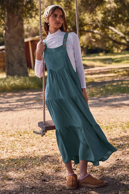 Solid Button Sling Tiered Midi Dress
