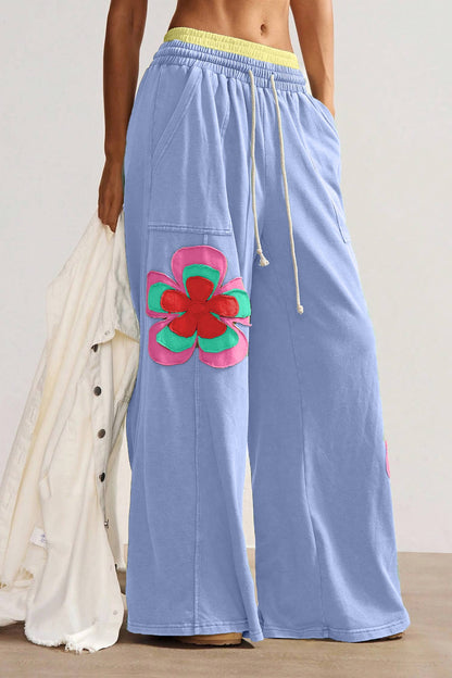 Floral Patchwork Drawstring Elastic Waist Wide Leg Pant