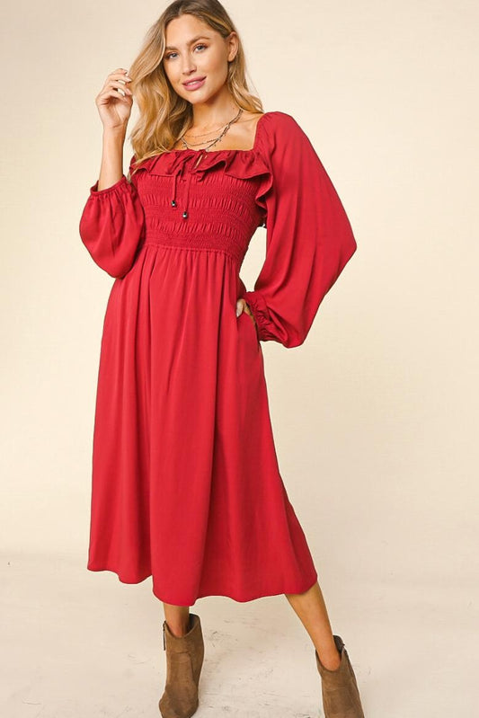 BURGUNDY SMOCKING FIT & FLARE WITH SIDE POCKETS DRESS