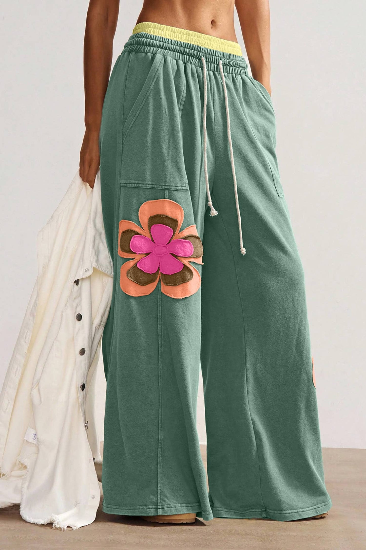 Floral Patchwork Drawstring Elastic Waist Wide Leg Pant