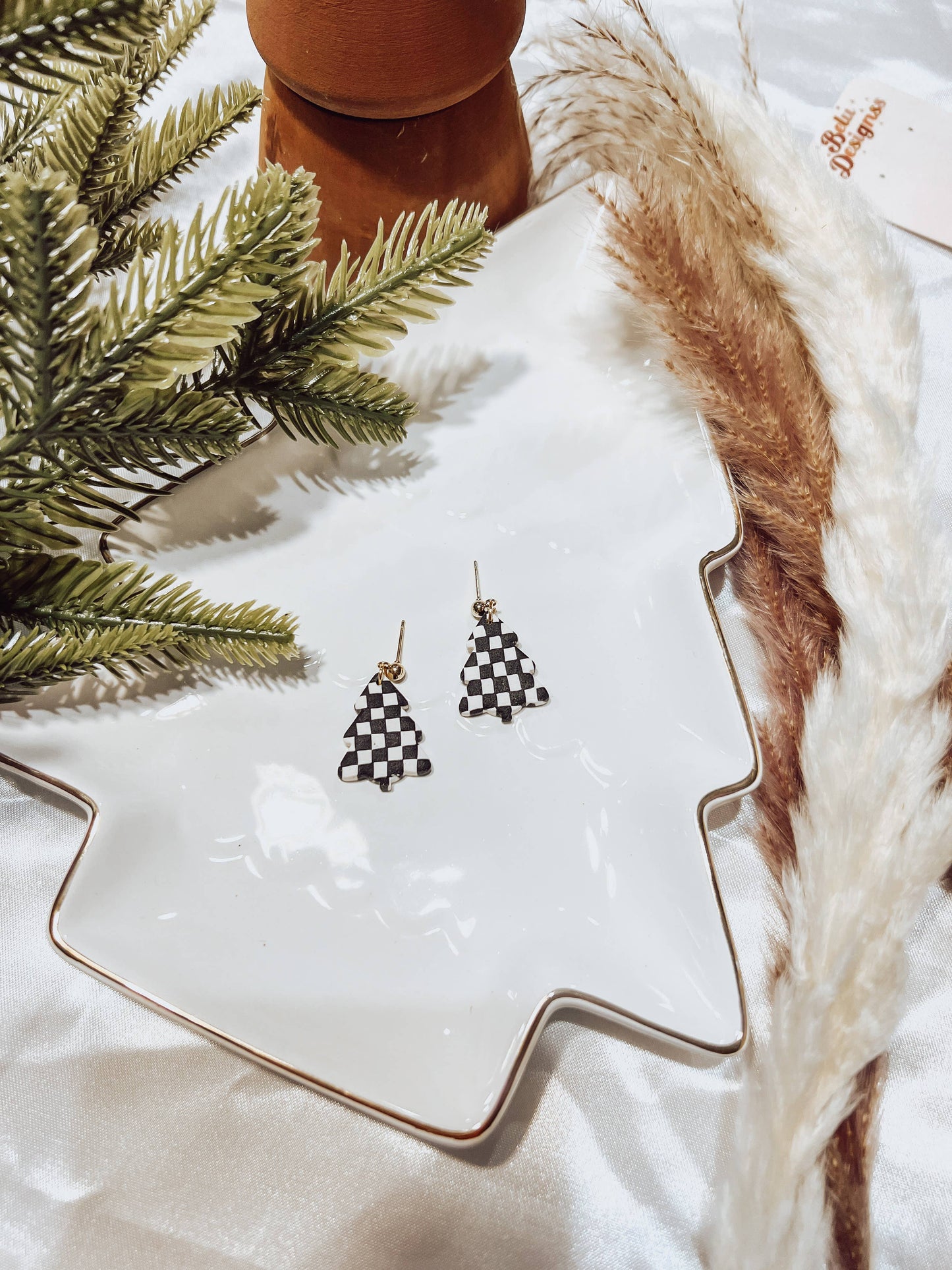 Black and White Checker Christmas Tree Clay Earrings