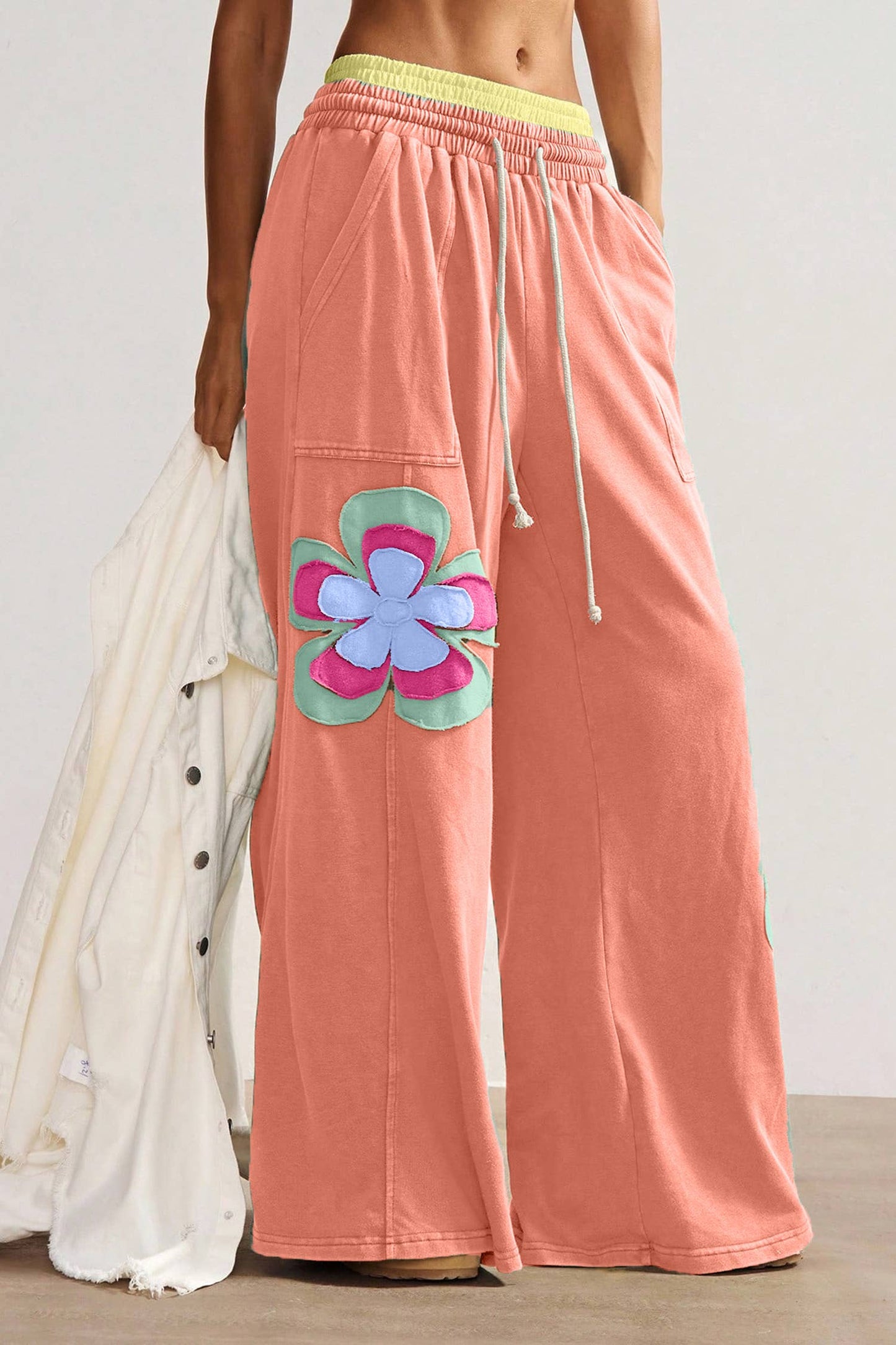 Floral Patchwork Drawstring Elastic Waist Wide Leg Pant