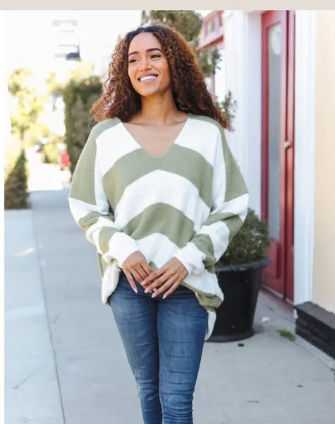 Plus Moss & Ivory Stripe Thick Fury Sweater