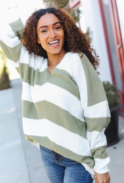 Plus Moss & Ivory Stripe Thick Fury Sweater