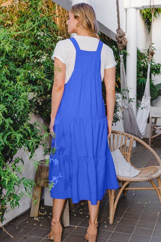 Solid Button Sling Tiered Midi Dress