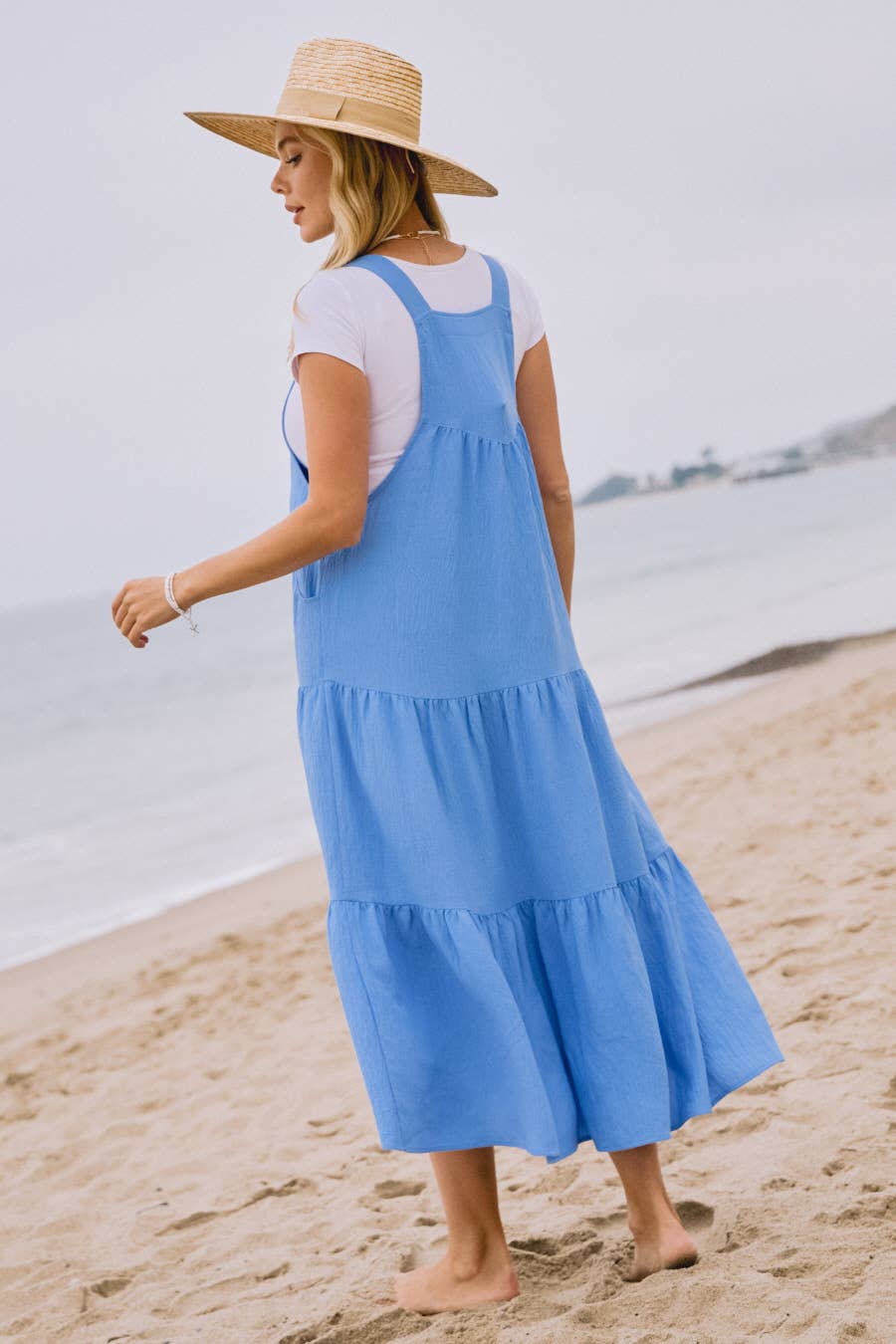Solid Button Sling Tiered Midi Dress