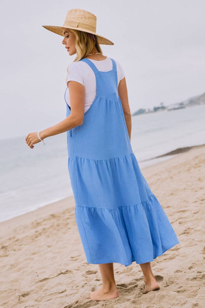 Solid Button Sling Tiered Midi Dress