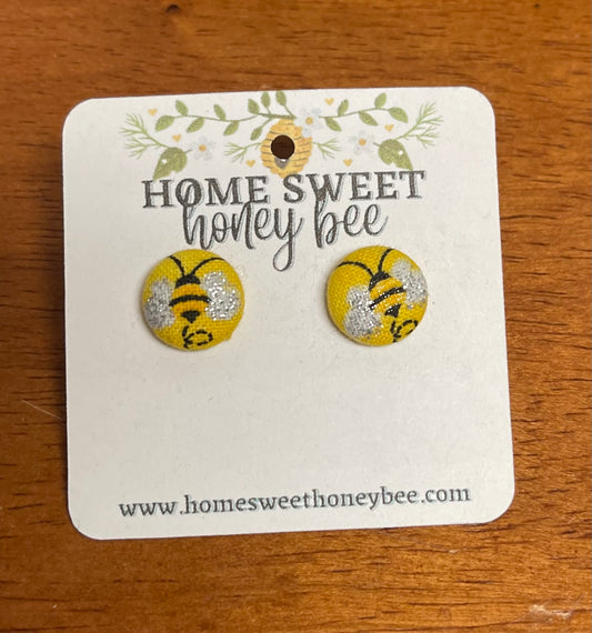Honey Bee Fabric Button Earrings