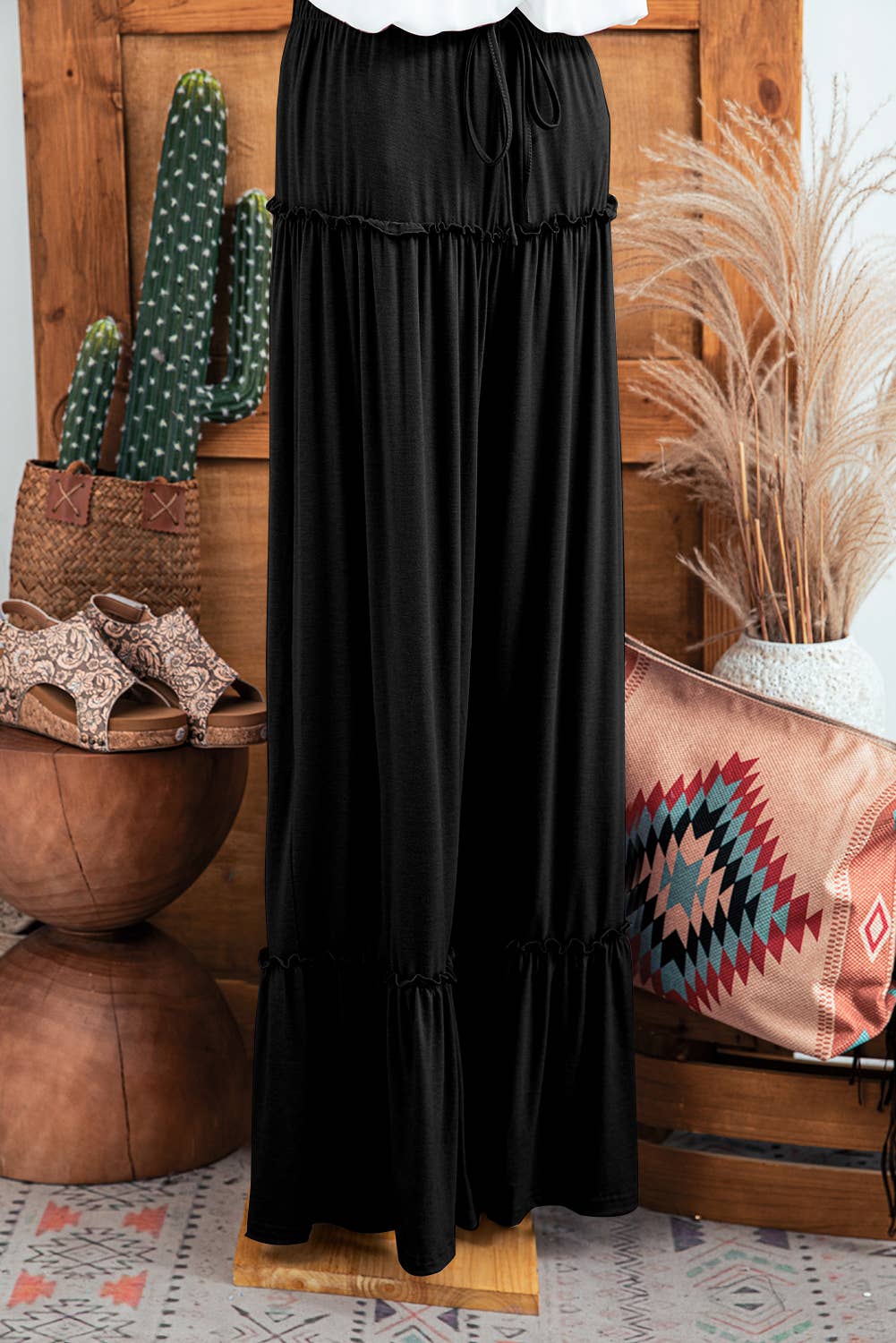 Fashion-W Frilled Drawstring High Waist Wide Leg Pants