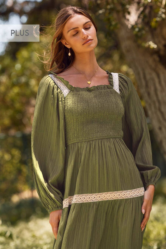 Plus Long-sleeve Smocked Dress