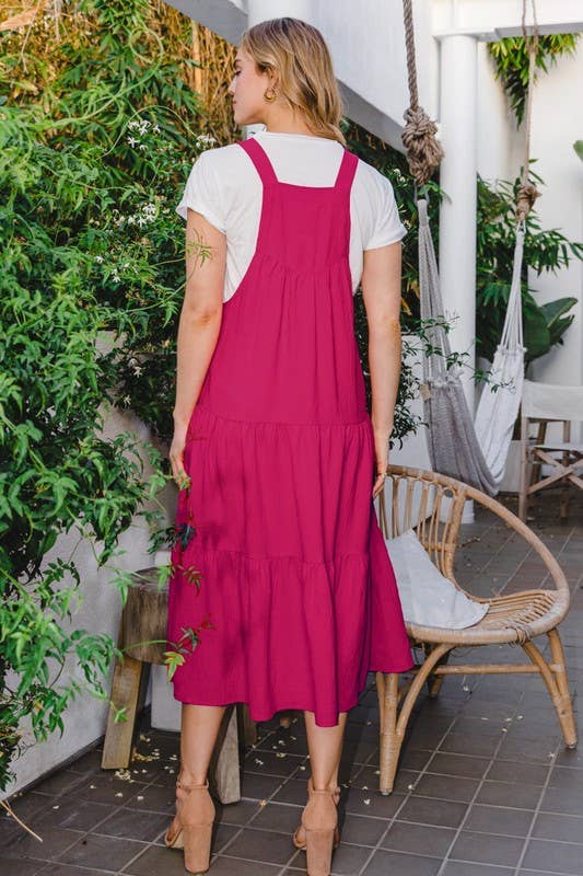 Solid Button Sling Tiered Midi Dress
