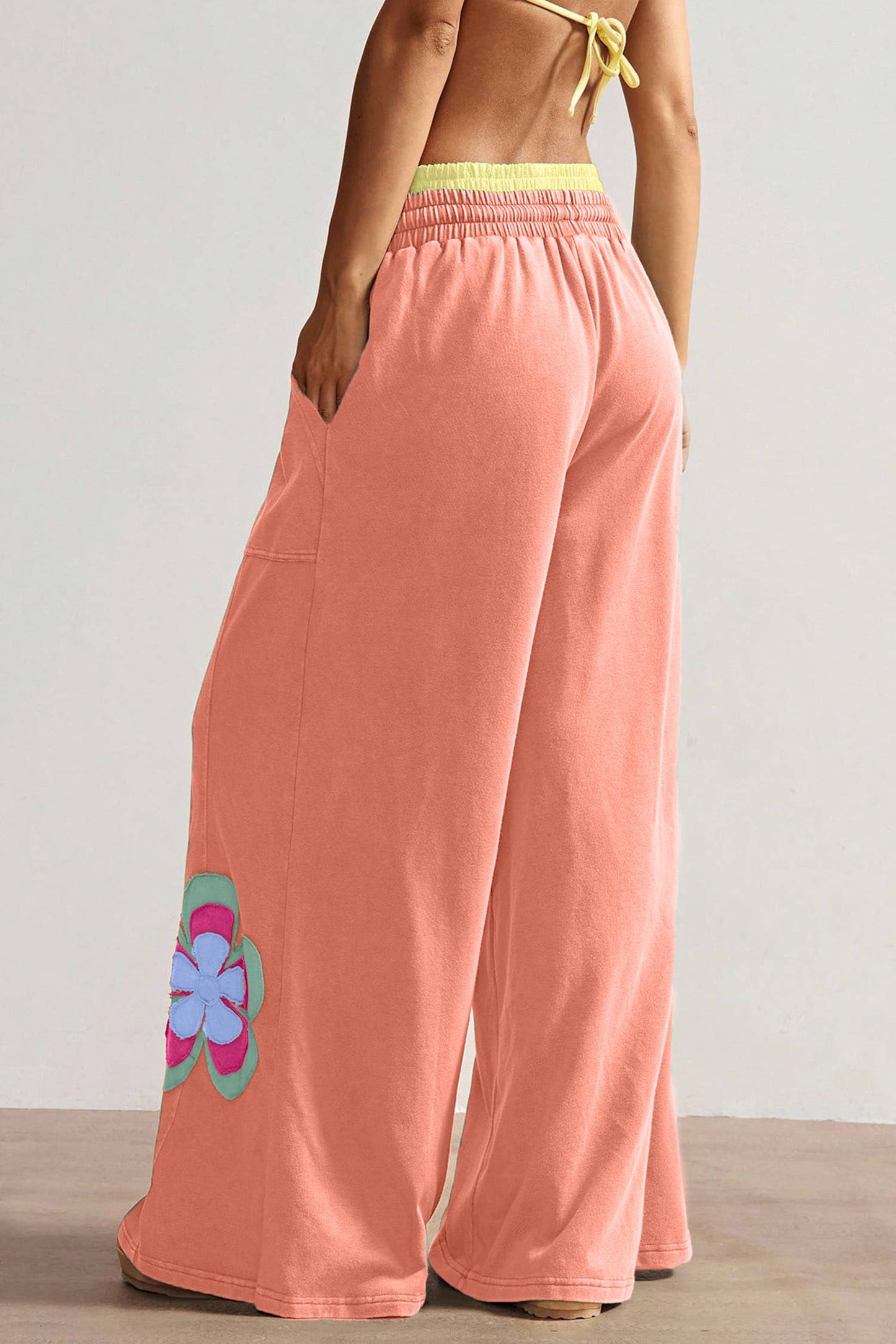 Floral Patchwork Drawstring Elastic Waist Wide Leg Pant