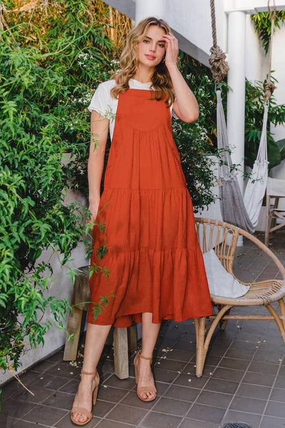 Solid Button Sling Tiered Midi Dress