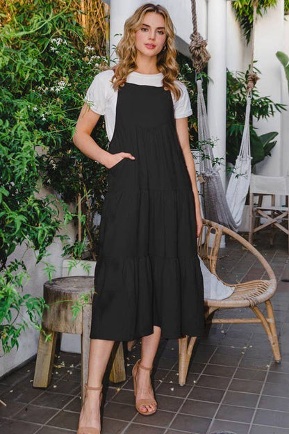 Solid Button Sling Tiered Midi Dress