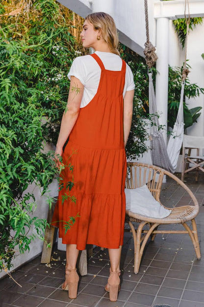 Solid Button Sling Tiered Midi Dress