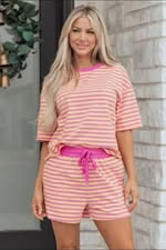 Pink and Yellow Striped Shorts Set (1x-4x instock)(PREORDER small-xl)