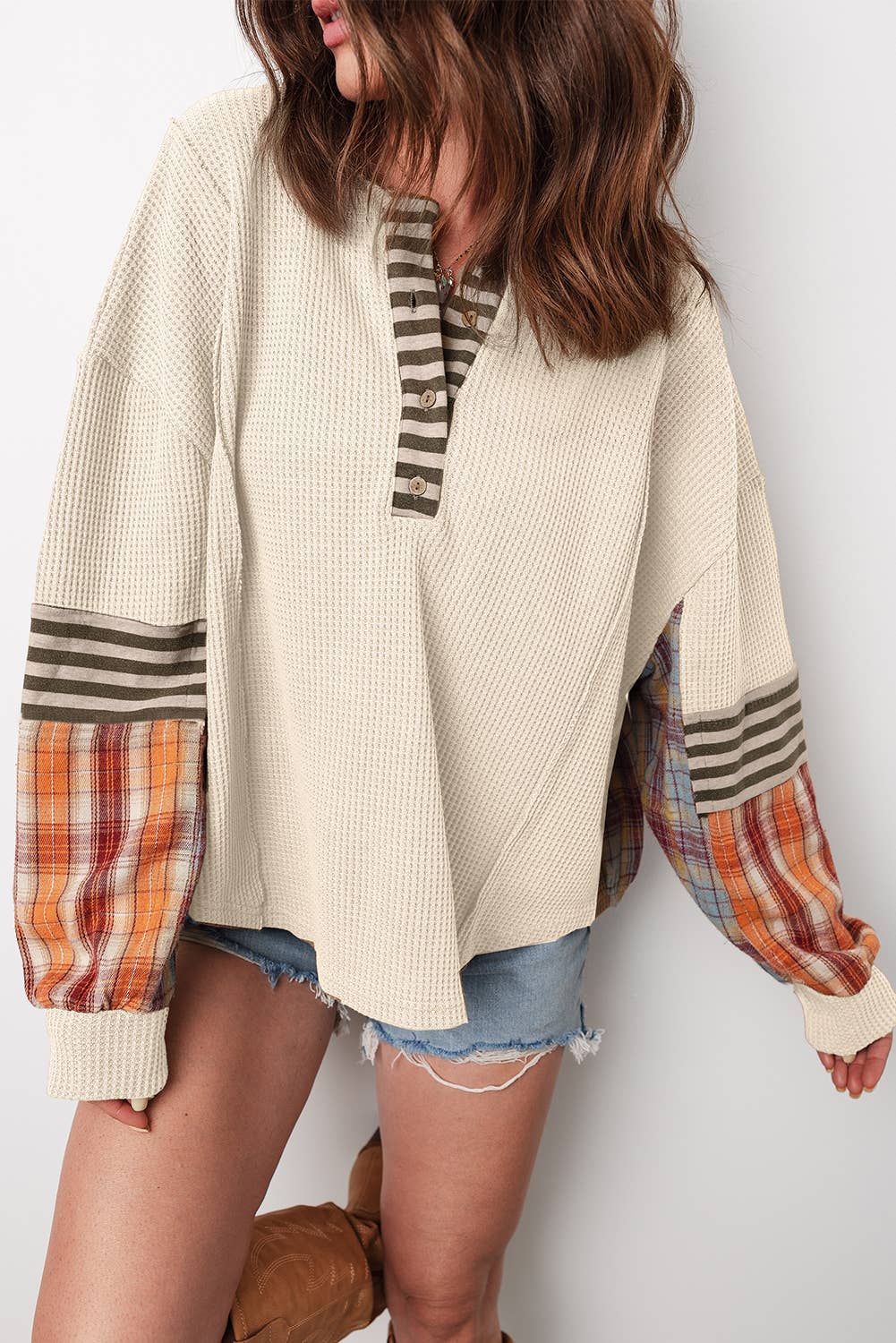 Waffle Stripe Plaid Patch Henley Knit Top | S-4X