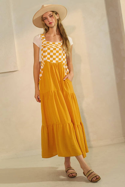 Checkerboard Tiered Overall Dress