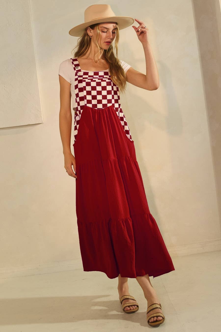 Checkerboard Tiered Overall Dress