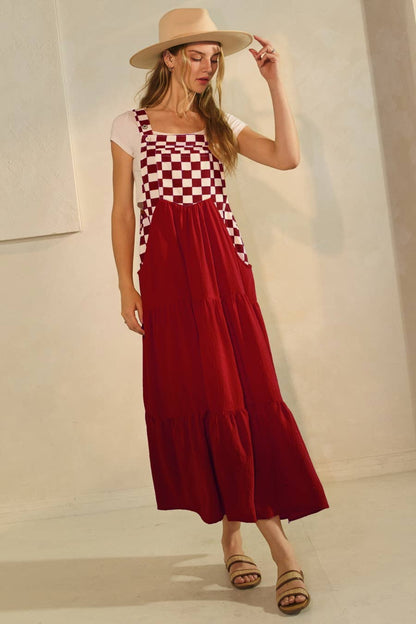 Checkerboard Tiered Overall Dress