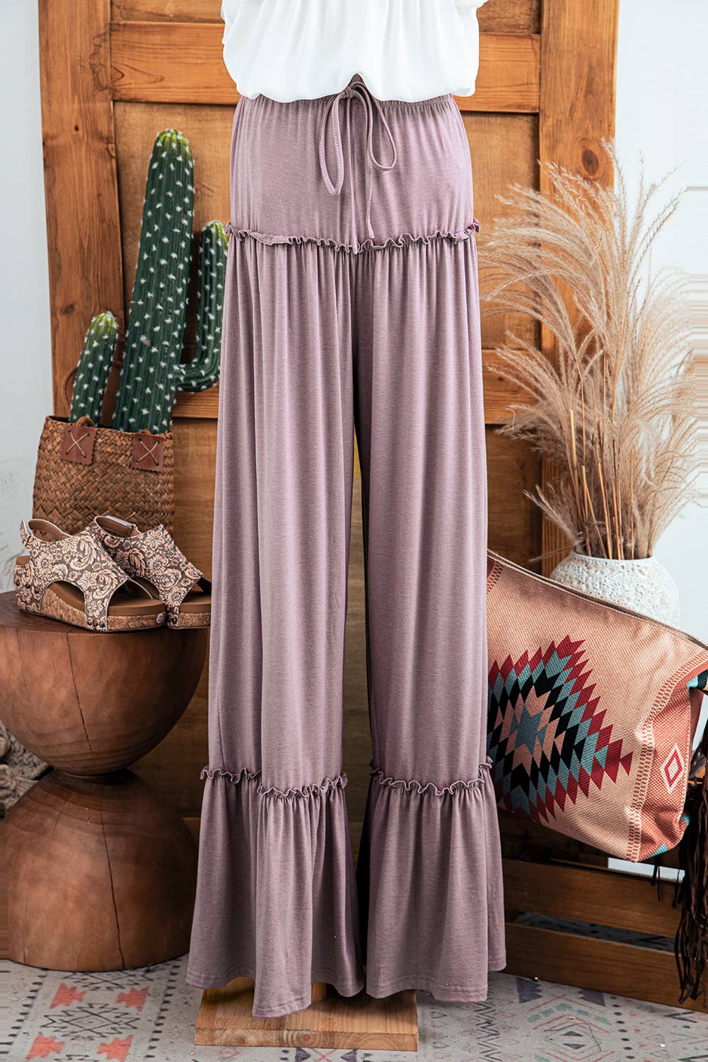 Fashion-W Frilled Drawstring High Waist Wide Leg Pants