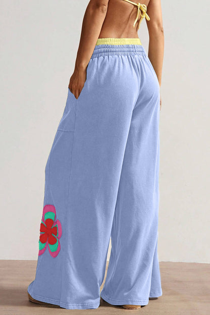 Floral Patchwork Drawstring Elastic Waist Wide Leg Pant