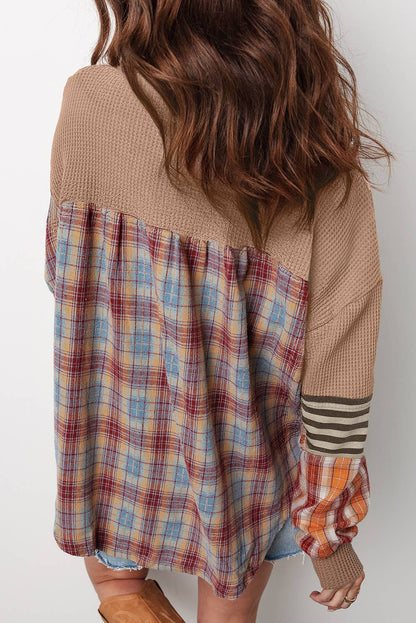Waffle Stripe Plaid Patch Henley Knit Top | S-4X