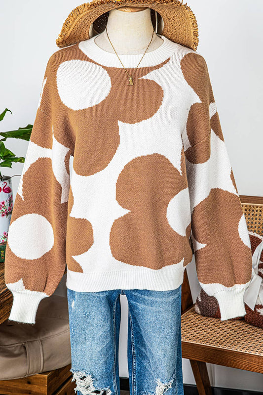 Fall Big Flower Pattern Drop Shoulder Sweater*S-2XL