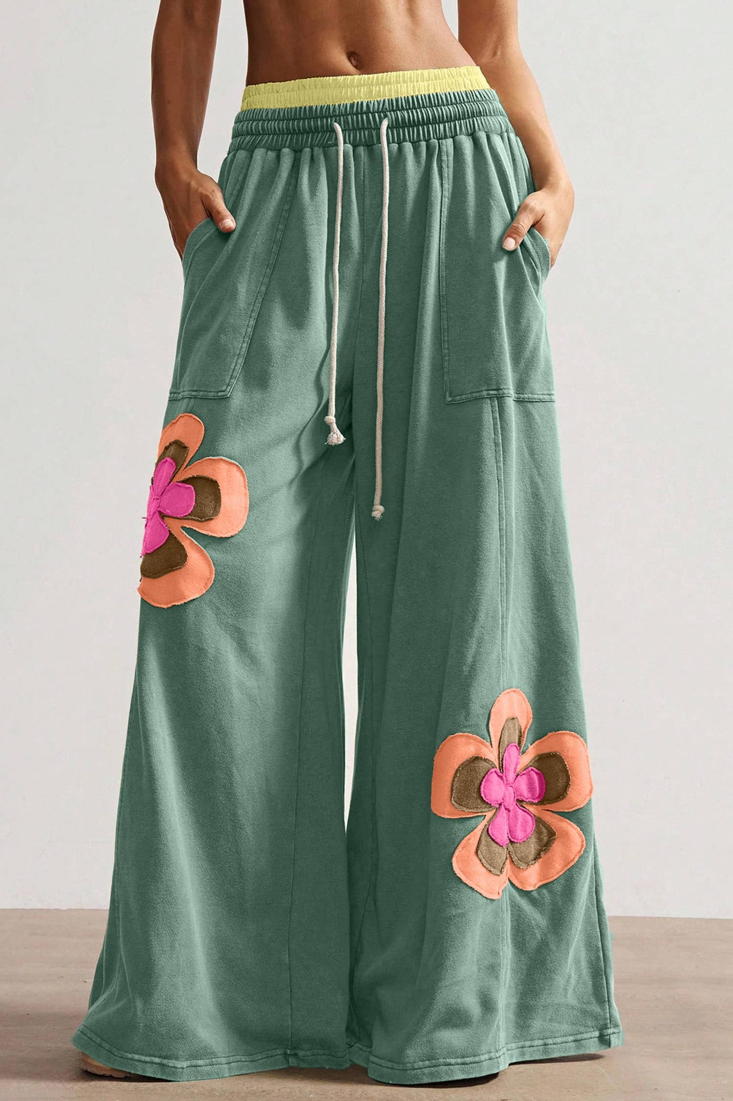 Floral Patchwork Drawstring Elastic Waist Wide Leg Pant
