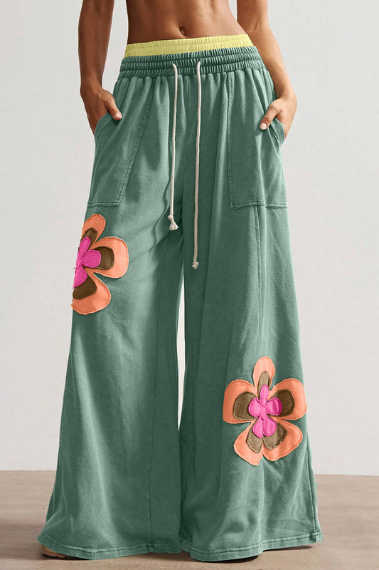 Floral Patchwork Drawstring Elastic Waist Wide Leg Pant PREORDER