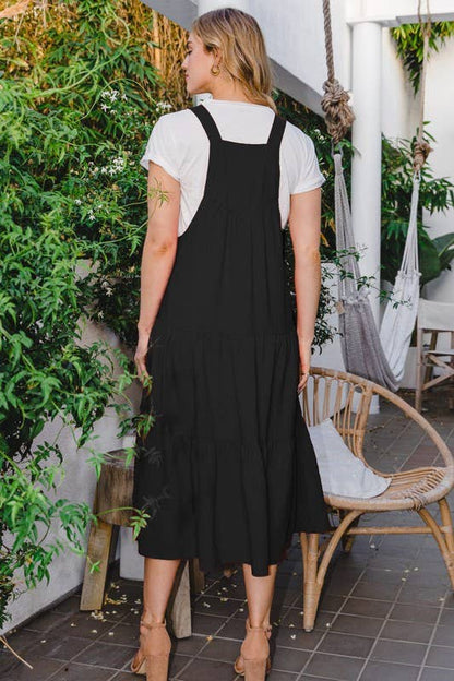 Solid Button Sling Tiered Midi Dress