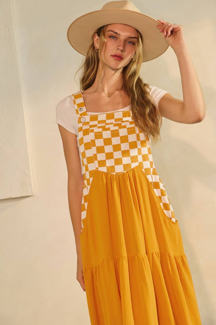 Checkerboard Tiered Overall Dress