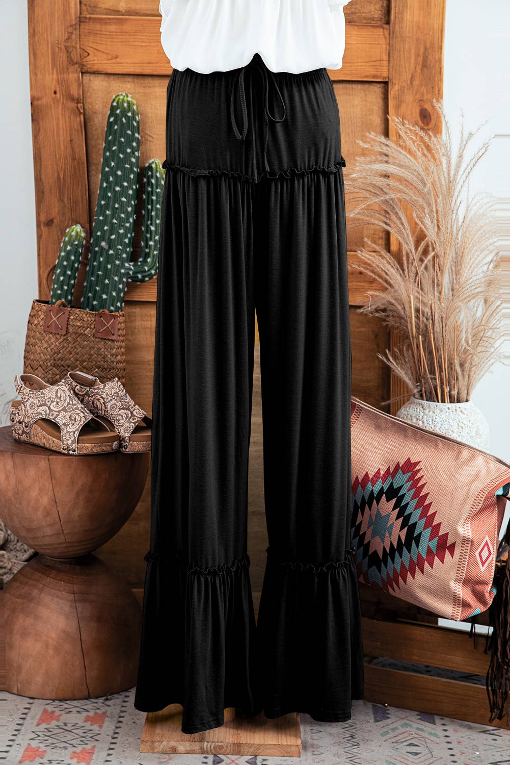 Fashion-W Frilled Drawstring High Waist Wide Leg Pants