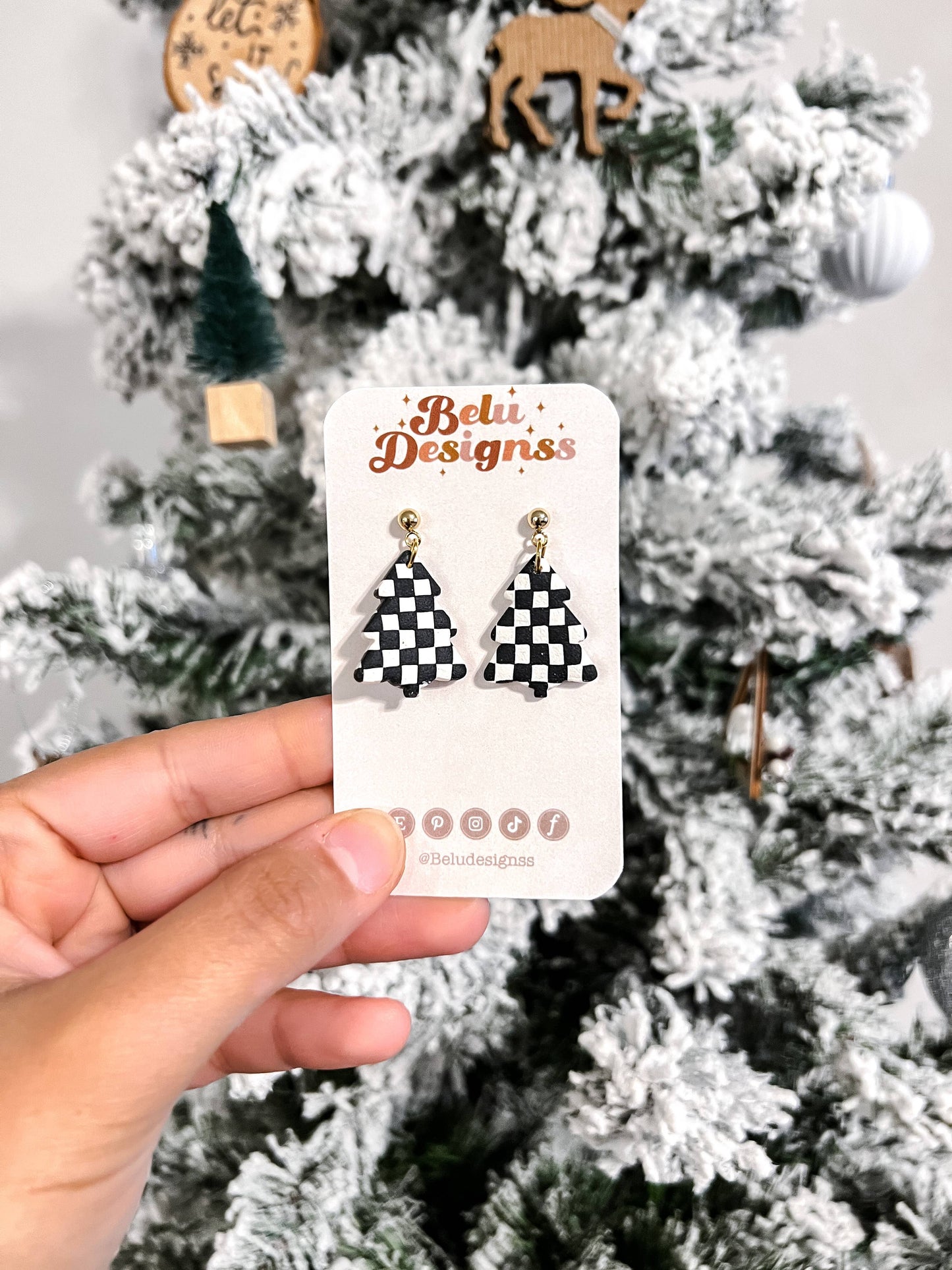 Black and White Checker Christmas Tree Clay Earrings